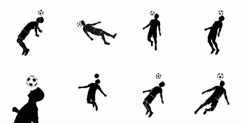 Collection of eight black silhouettes of soccer players in various poses heading the football, isolated on white background. © Nadya