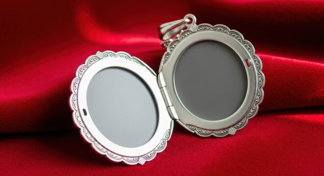 Open silver locket on red fabric