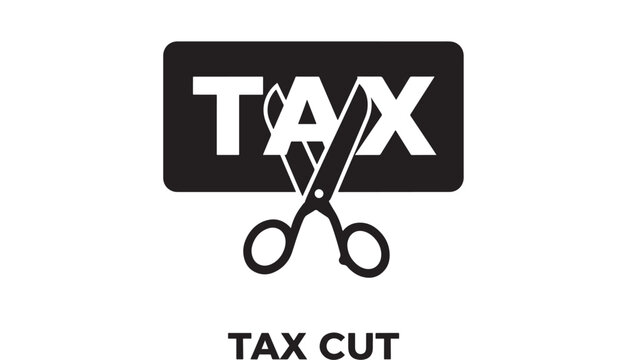 Stylized graphic illustration of scissors cutting the word TAX in half, symbolizing tax reduction or cut. Simple flat design icon.