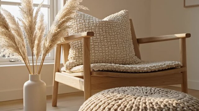 Scandinavian Interior with Wood Armchair and Pampas Grass - A sunlit Scandinavian-style interior features a wooden armchair with boucle pillows, a knit pouf, and pampas grass in a vase, showcasing a