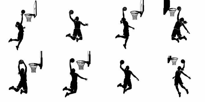 Set of eight female basketball player silhouettes showcasing various jump shot and layup actions near a hoop, isolated on white.