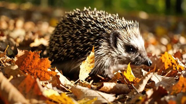 A hedgehog forages among colorful autumn leaves in a forest.