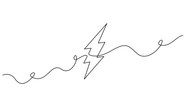 Self animated continuous line drawing of a lightning bolt symbol. Single line drawing lighting bolt symbol vector illustration, Video. Lightning line continuous pattern. Power up electricity icon temp