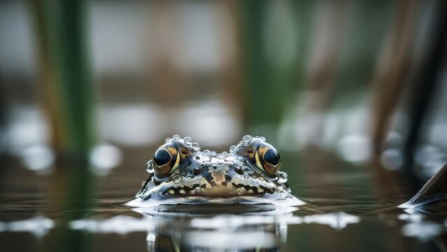 Frog with water droplets emerges from marshy pond, looking directly at camera