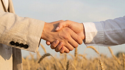 Business handshake between two men in wheat field at sunset