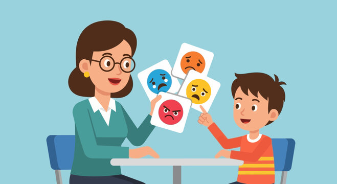 Teacher guides child in identifying and understanding emotions using visual flashcards for emotional literacy