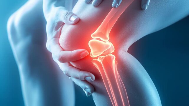 Close-up of a person's knee joint experiencing pain, highlighted with red glow