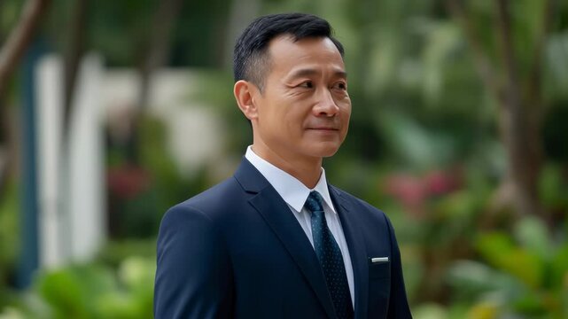 Smiling Asian businessman in a dark blue suit with a patterned tie, outdoor setting