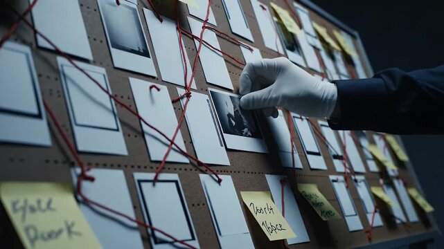 Investigative Board Analysis With Photos and Sticky Notes Connected by Red String For Crime Investigation and Forensic