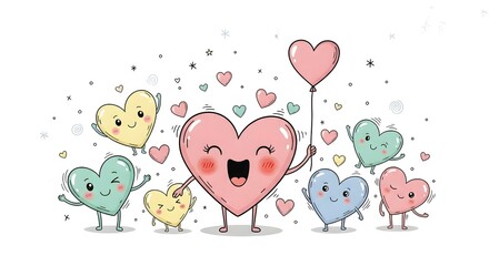 Cheerful cartoon hearts celebrating with balloons and confetti on a white background