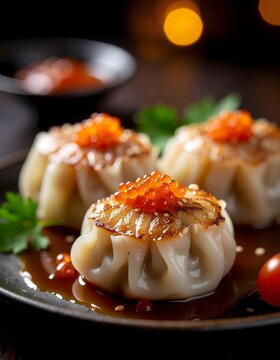 Luxury siu mai dumplings with salmon roe and savory sauce in cinematic lighting