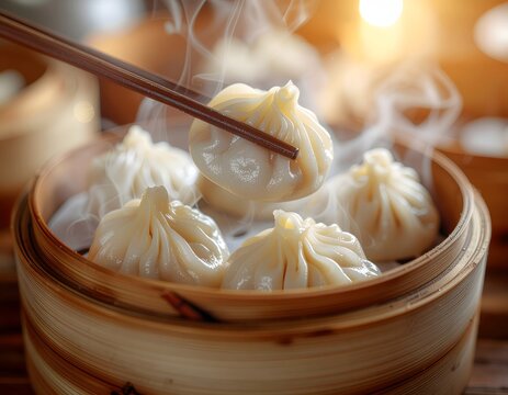 Steaming xiao long bao dumplings lifted with chopsticks in bamboo basket