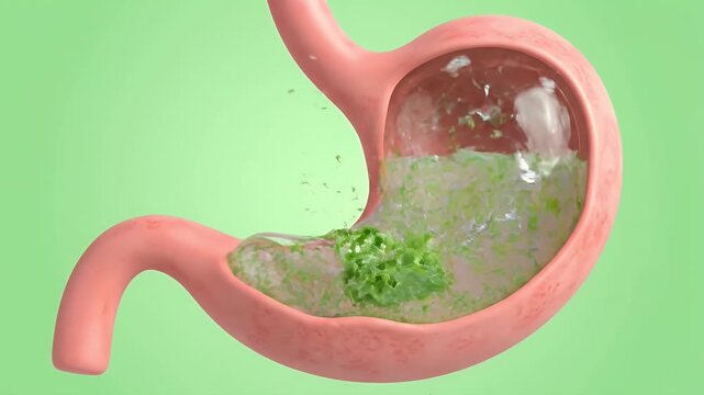 Lettuce and Liquid Inside a Stomach Model on Green Background For Medical Infographics About Digestion and Healthy