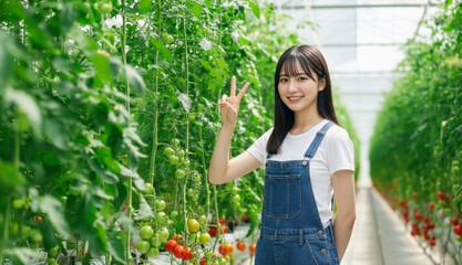 トマトのビニールハウスでピースサインをするオーバーオール姿の若い女性【農業・収穫】