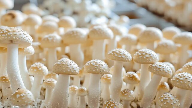 Close-up of a cluster of white and tan speckled mushrooms growing in a forest setting