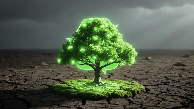 Glowing Green Recycling Symbol Transforms to a Lush Tree
