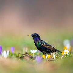 Starling stands in a field speckled with white, yellow, and purple crocus flowers, under a soft blurred backdrop