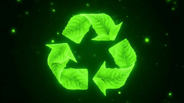 Animated Recycling Symbol Made of Glowing Green Leaves Representing Sustainability
