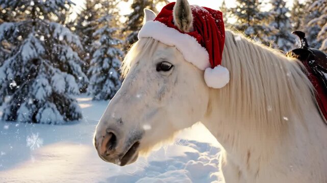 White Horse with Santa Hat in Winter Snow - This video showcases a beautiful white horse standing peacefully in a snowy landscape, adorned with a bright red Santa Claus hat.
