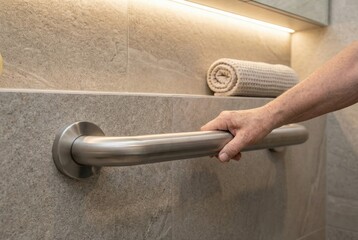 Hand gripping stainless steel grab bar in modern bathroom with textured grey tiles conveying safety and accessibility in home design for seniors and disabled individuals