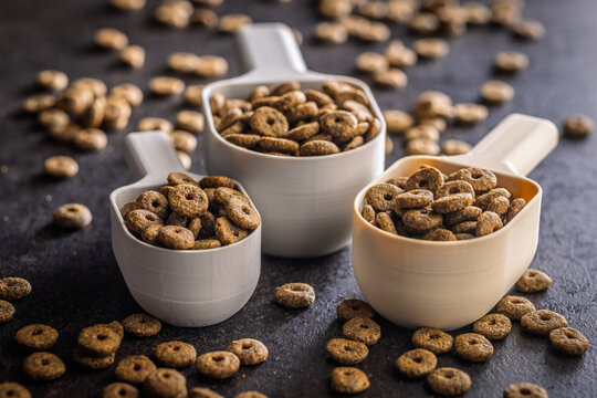 Dry kibble pet food. Dog or cat food in scoop on black table.