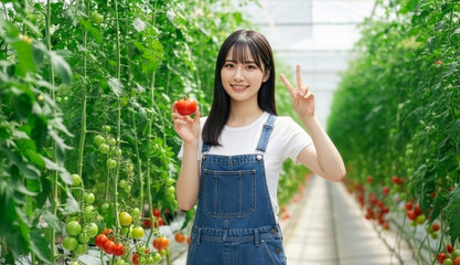ビニールハウスで収穫したトマトを持ってピースサインをする若い女性【農業・新鮮野菜】
