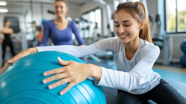 Young woman smiling while exercising with a fitness ball in a gym with a trainer