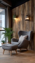 A chair and ottoman are sitting in front of a wooden wall