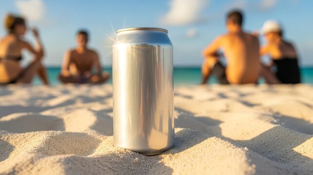 Aluminum can mockup with sun flare standing on beach sand against a blurred background of young friends relaxing by the sea