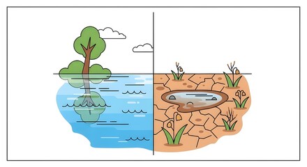 vector illustration showing clean water versus water scarcity in a split scene design