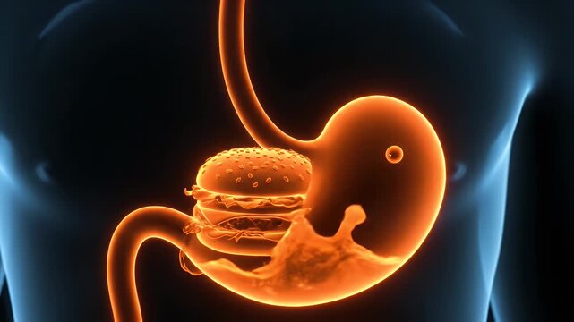 Orange Stomach Anatomy with Digestive Motion on Black Background Medical Visualization of Digestion Process in Human