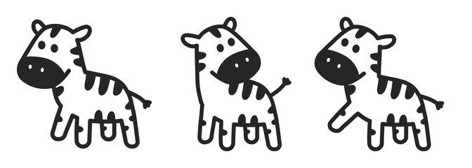 Zebra Hand Drawn Cartoon with Various Poses, Vector Line Art, Isolated Background