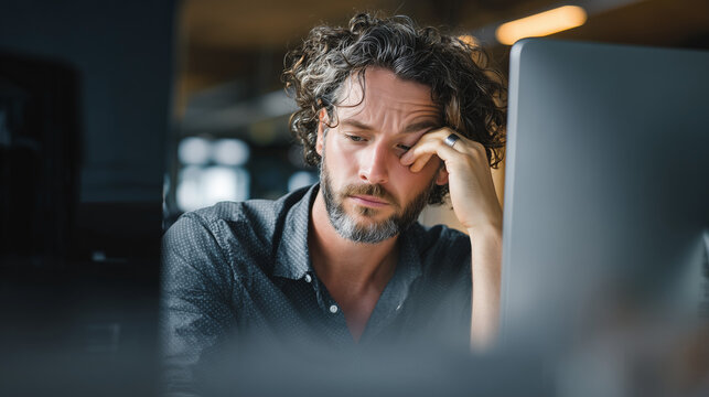 A worried male professional sitting at his desk, leaning his head on his hand while looking at a computer screen, depicting deep thought, stress, or a difficult business decision