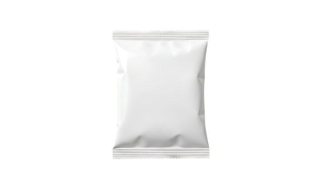 Blank foil packaging mockup display shiny white bag isolated against clean backdrop for snacks chips cookies and candy presentation in studio lighting with commercial appeal