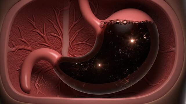 Realistic 3D Render of a Human Stomach Filling with Dark Liquid Visualizing Digestion and Gastric Function in a Medical