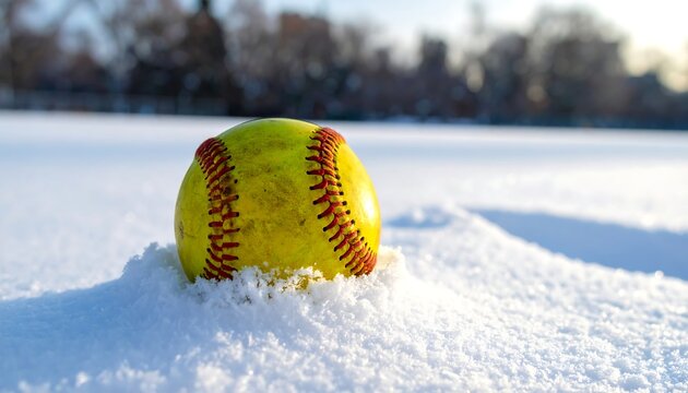 A yellow softball with red stitching sits partially buried in snow