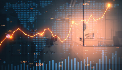 Financial market growth chart with upward arrow overlay on world map and modern office background representing business success and data analysis. 3D Rendering