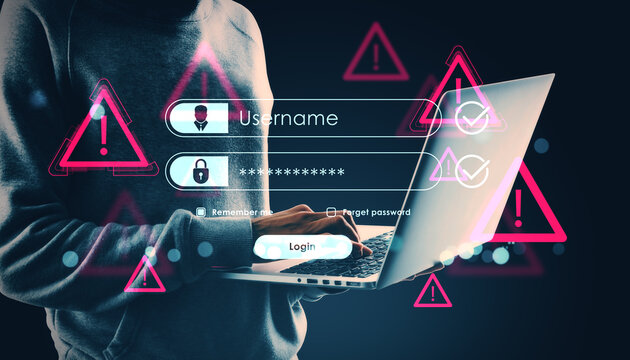 User login interface with warning symbols on digital screen representing security alert during password entry process on computer system background.