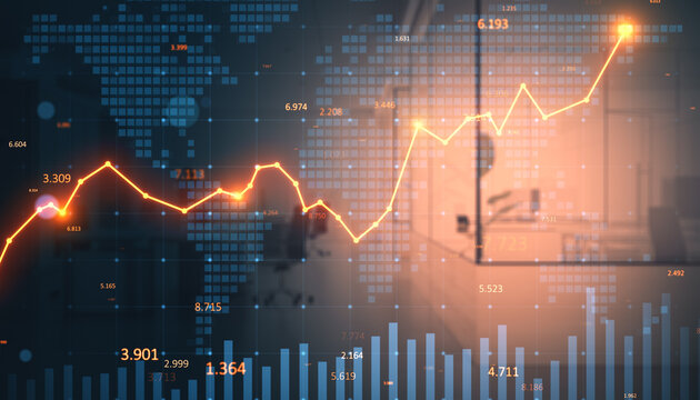 Financial market growth chart with upward arrow overlay on world map and modern office background representing business success and data analysis. 3D Rendering