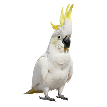 White cockatoo bird with yellow crest standing isolated on transparent background png cutout