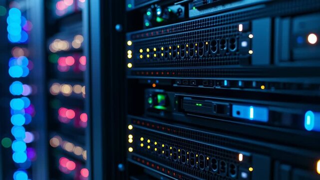 Rows of glowing server racks with blinking lights in a dark data center