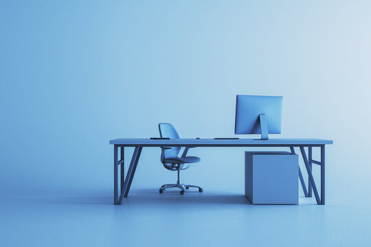 Modern blue desk setup with computer and office chair isolated on gradient background, showcasing contemporary corporate workspace design. 3D Rendering