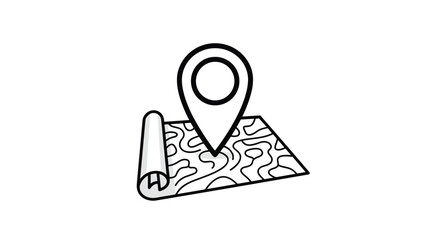 Simple black and white line icon showing a folded topographical map with a large location pin marker for navigation.