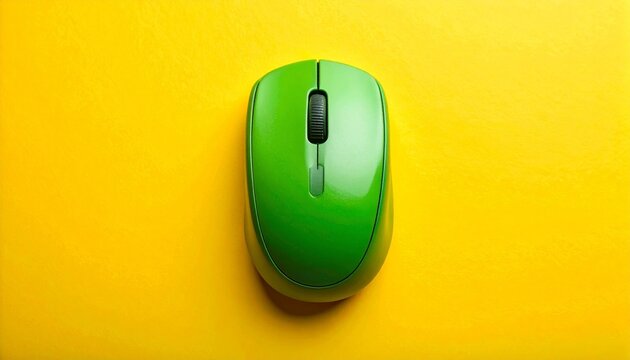 "Green computer mouse on bright yellow background, sleek tech accessory in bold contrast."