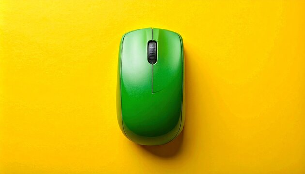 "Green computer mouse on bright yellow background, sleek tech accessory in bold contrast."
