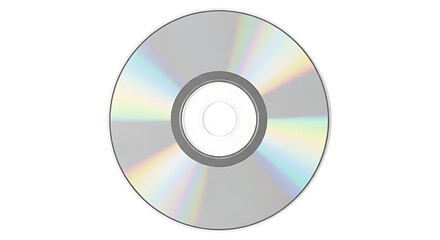 Shiny silver compact disc reflects rainbow spectrum conveying data storage and digital music in a minimal composition against a clean white background for a modern tech savvy