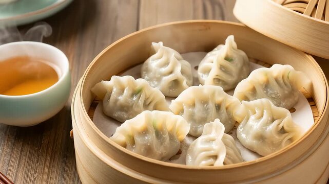 Steaming Chinese dumplings in bamboo steamer with hot tea