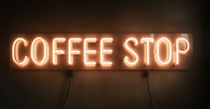 Bright neon sign displays Coffee Stop. Warm glow illuminates textured wall. Simple design evokes cozy atmosphere.