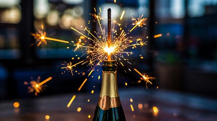 Champagne bottle popping with sparks for celebration
