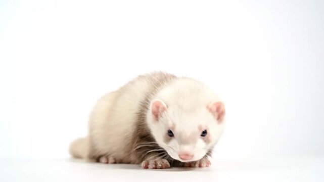 A curious, light-colored ferret with brown markings sits on a white surface